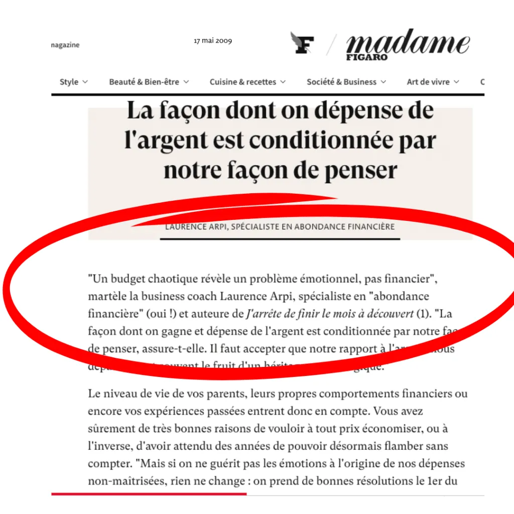 Article de Madame Figaro Business sur la relation à l'argent, avec Laurence Arpi